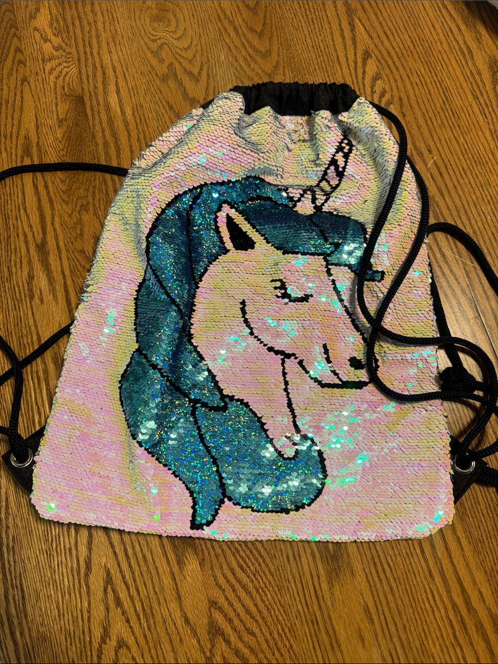 Unicorn Sequin Drawstring Backpack - Pink/Teal